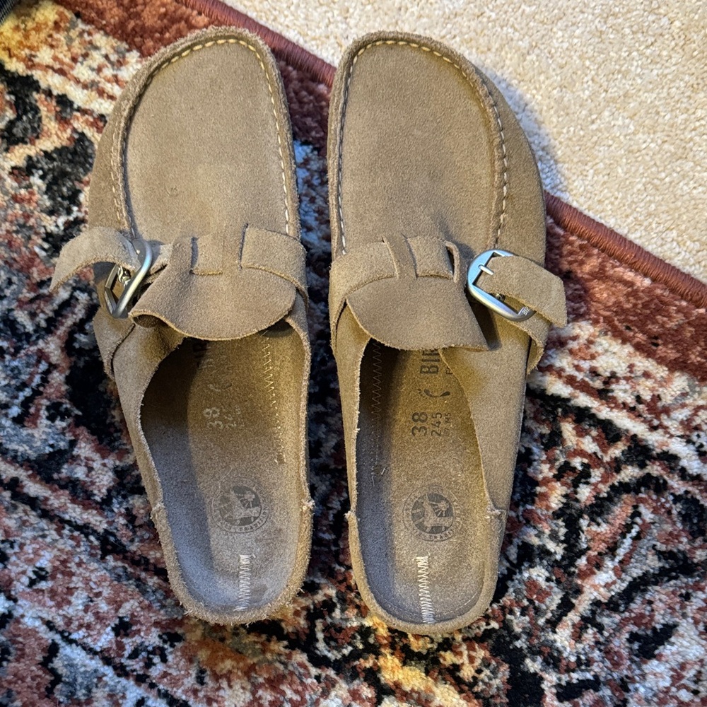 Birkenstock Tan Suede Buckle Mules